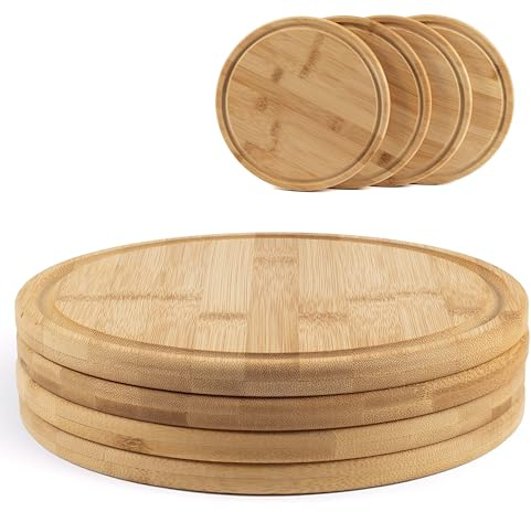 Hanseküche 4er Set Frühstücksbrettchen Bambus Rund Ø 25cm – Nachhaltiges Schneidebrett Set mit Saftrille – Messerschonendes Vesperbrett, Brotzeitbrett & Servierbrett – Robustes Naturdesign