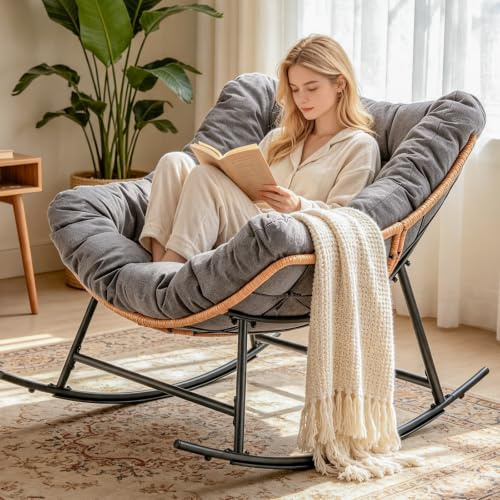 SJGUOJI Rocking Chair Indoor Outdoor, Oversized Papasan Chair with Thick Cushion, Modern Lounge Rocker, Indoor Recliner Wide Chairs for Balcony, Garden, Living Room Grey