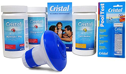 Cristal Pool Set - 20 g Chlor MultiTabs 1 kg - Chlorgranulat 1 kg - pH-Senker 1,5 kg Teststreifen 50 STK.- Dosierschwimmer - inkl. Pflegebroschüre