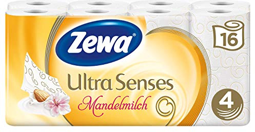 Zewa Ultra Sense Mandelmilch Toilettenpapier, verwöhnendes WC-Papier 4-lagig mit mildem Mandelduft, 1 x Vorratspack mit 16 Rollen