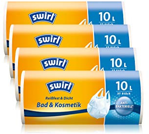 Swirl Tragegriff-Müllbeutel, 10 Liter, Antibakteriell, 4 Rollen mit je 37 Beuteln, Weiß