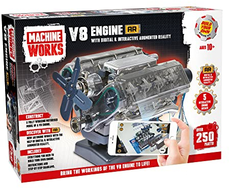 Machine Works Build Your Own V8 Engine Toy - Replica Model Building Kit - Features Augmented Reality, Sounds and Illumination, 4 Modes, 250+ Pieces, 10+ Years