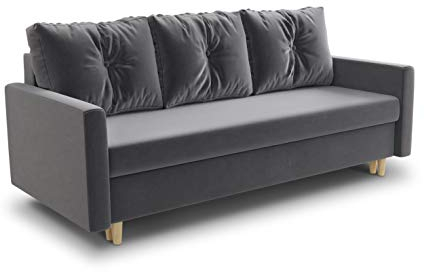 Schlafsofa Rico - Couch mit Schlaffunktion Sofa mit Bettkasten Bettfunktion Bettsofa Skandinavisch Polstergarnitur Bonell-Ferderkern Velours (Grau (Kronos 22))