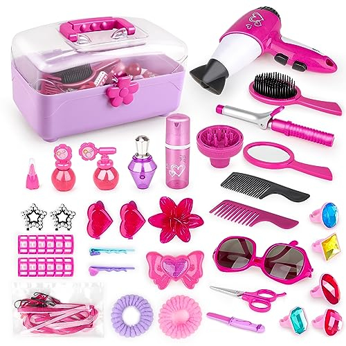 deAO 34-teiliges Friseur- und Glamour-Schminkkoffer, Spielset, Make-up-Zubehör, Pretend Schmuck, Lockenstab und Spielzeug-Haartrockner inklusive, Rosa
