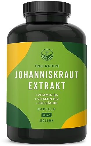 Hipérico Hierba de San Juan Extracto - 3600mg al día - 200 cápsulas - Alta Concentración - con hipericina natural - con vitaminas B6, B12 y ácido fólico - TRUE NATURE®