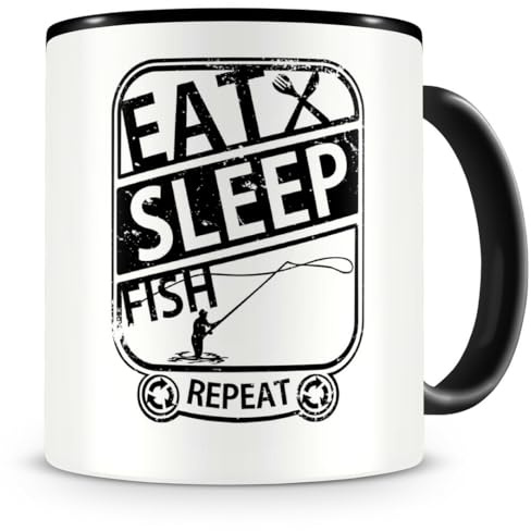 Samunshi® Angler Tasse mit Spruch Eat Sleep Fish Repeat Geschenk für Angler Kaffeetasse groß Lustige Tassen zum Geburtstag schwarz 300ml
