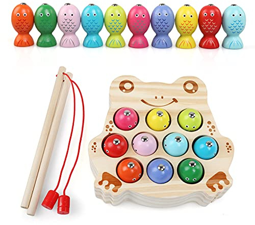 LinStyle Holzspielzeug-Angelspiel für Kinder, Montessori-Lernspielzeug ab 3 Jahren, Magnetisches Angelspiel in Froschform, Weihnachts Spielzeug Geschenk Mädchen Junge 3 4 5 6 Jahre