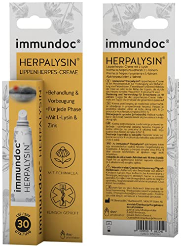 immundoc HERPALYSIN Lippenherpes Creme 7 ml, Lippencreme zur Vorbeugung und Behandlung von Fieberblasen, mit L-Lysin, Zink und Echinacea, klinisch geprüft