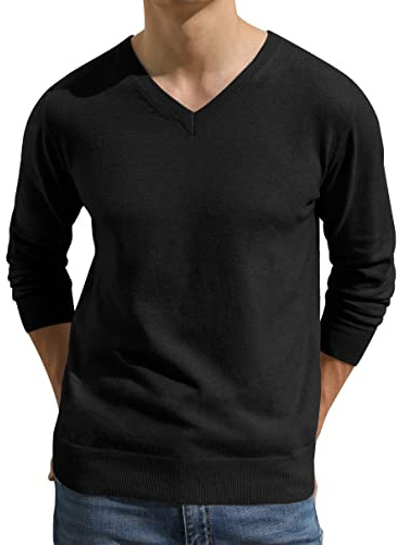 Hisir Men's V Neck Jumpers Tops Winter Lightweight Knitted Jumper Long Sleeve Soft Warm Knitwear Pullover Sweaters for Men (Black, L)