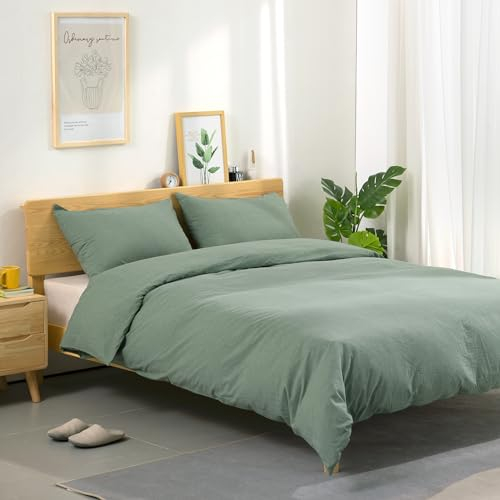 ATsense Ropa de cama de 155 x 220 cm, algodón de 2 piezas, lavado a la piedra, color verde, similar al lino, Öko-Tex, hipoalergénico y transpirable, 1 funda nórdica y 1 funda de almohada de 80 x 80 cm