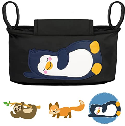 GLÜCKSWOLKE Borsa per Passeggino - 12 Motivi I Organizer per Carrozzina Neonato I Portaoggetti con Dispenser per Salviette I Universale Organizzatore Bambini I Motivo Pinguino (colore nero)