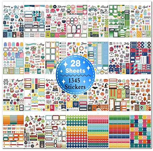 Bullet Journal Sticker 28 Blätter/1345 Stück Planer Sticker, Bullet Journal Aufkleber Set für Kalender DIY Tagebuch Bullet Journal und Arbeit Planung Budget