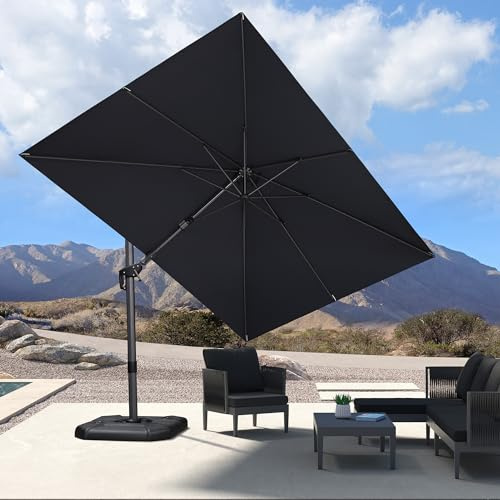 PURPLE LEAF Parasol Déporté 2,5 x 3,5 m Rectangulaire avec Pied de Croix, Parasol de Jardin Extérieur en Aluminium Toile 240g/m² Anti-UV avec Inclinable Bilatéral et Rotation à 360°, Gris
