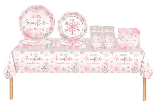 69 piezas Juego de Vajilla Desechable Navidad Rosa Nieve,Platos Desechable Decoración Cumpleaños Fiesta Compostables,Platos Servilletas Biodegradable Copa de Papel y Mantel,para Fiesta de Navidad