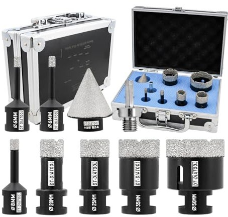 DT-DIATOOL Diamant-Kernbohrer-Set 9er-Pack - 6/6/8/20/25/35/50mm Fliesenbohrer+35mm Diamantfasenbohrer+Sechskantadapter für Porzellanfliese Keramik Marmor Granit