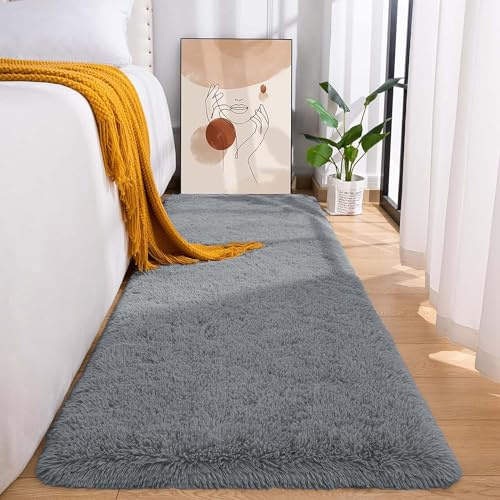 MOONLIGHT20015 Fluffy Rugs for Bedroom Living Room – Fluffy Grey Shaggy Area Rugs Anti Slip – Super Soft Thick Pile Non-Shedding Hallway Runner Rug – Plush Carpet for Dining Room, 60 x 220 cm