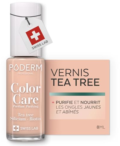 PODERM Smalto Cura per Unghie con Tea Tree - Nude Beige | Swiss Lab - 8ML | Arricchito con Tea Tree, Silicio & Biotina | Purifica, Schiarisce & Nutre le Unghie Gialle | Creato da una Podologa