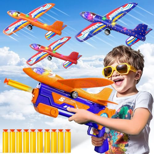 TEMI 3 Pack Large Airplanes Launcher Toys for Kids 3-8, 2 Flight Modes Foam Plane Glider Catapult Includes 10 Soft Darts, Flying Plane Glider Toys for Ages 5-12, Outdoor Toy for Boys Girls
