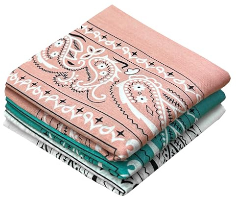 EVERY-VILLE Cotton Bandana Men Women Cowboy, 3 Pack, Pink Torquoise White