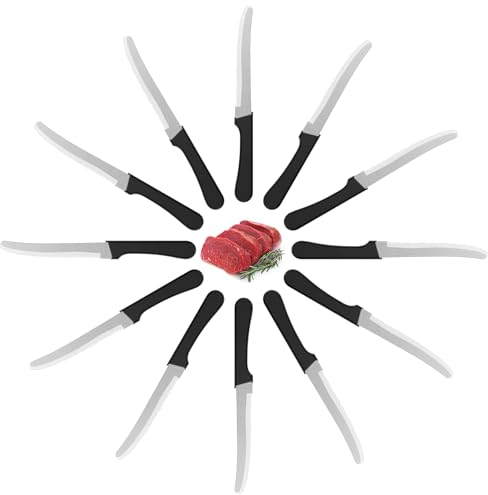 Maxentico messer wellenschliff 12 Stück, frühstücksmesser rostfrei, brötchenmesser wellenschliff, tomatenmesser knife, tafelmesser scharf, brotzeitmesser jausenmesser, Klinge 12.5 Cm, schwarz