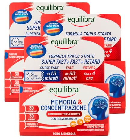 Equilibra Memoria & Concentrazione Integratore Alimentare in Compresse Triplo Strato a Rilascio Graduale con Resveratrolo Vitamine e Minerali per Tono ed Energia Senza Glutine - 90 Compresse