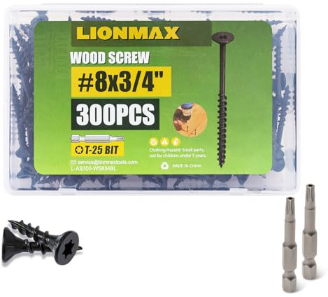 LIONMAX Deck Screws 3/4 Inch, Wood Screws #8 x 3/4, 300 PCS, Rust Resistant, Exterior Epoxy Coated, Outdoor Decking Screws, Torx/Star Drive Head Screw, T25 Star Bit Included, Black