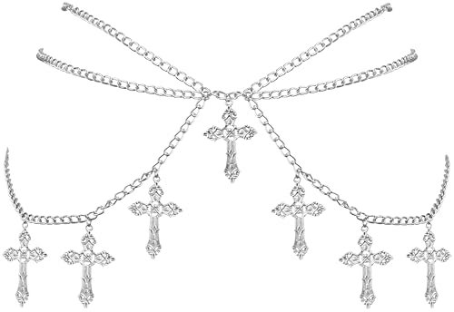 Sacina Silver-tone Cross Chain belt, Waist Belly Chain, Gothic Goth Punk Grunge Emo Belt, Goth Accessories