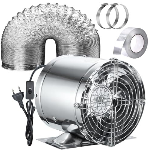 Hose Vary Set di ventilazione in linea da 150 mm, con interruttore a pressione, tubo di scarico da 2 m, nastro adesivo per bagno, garage, serra, colore argento