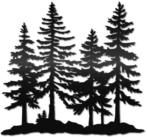 CREATCABIN Schwarzwald Wandkunst Metall Eisen Wanddekoration Skulptur Kiefernbaum Aufhängen Rustikales Ornament Schilder Für Wohnzimmer Zuhause Büro Garten Balkon Außen Innendekoration 30x28cm