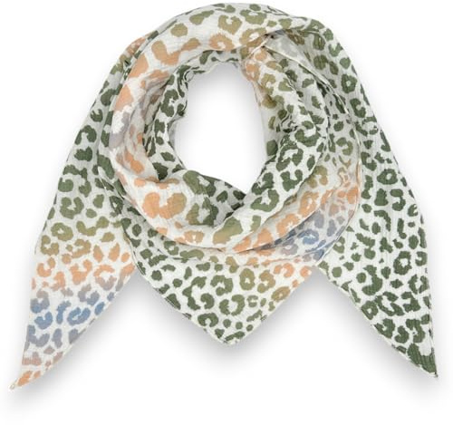 Damen Musselin Tuch Frühling Sommer Leicht Leo Mehrfarbig Bunt Dreieck Halstuch Leoprint Schal Baumwolle Leopard Animal Made in Italy 195 x 72 cm (Grün-Blau)