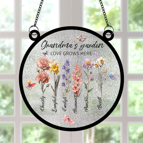 Personalisierter Sonnenfänger für den Garten, zum Aufhängen, personalisierbar, Geburtsblumen-Ornament mit 1–15 Namen, Liebe wächst Hier, Suncacther, Mutter, Oma, Geschenke für Geburtstag, Jahrestag,