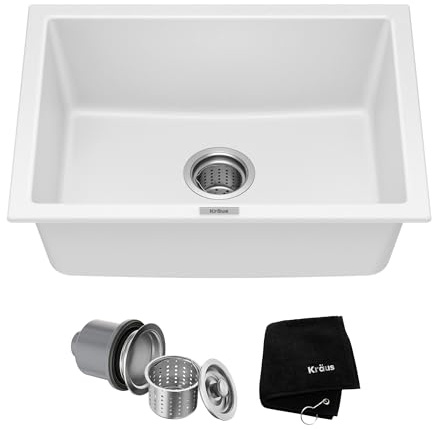 KRAUS Quarza 24-inch Granite Drop-In/Undermount Single Bowl White Kitchen Sink, KGD-410BWHITE