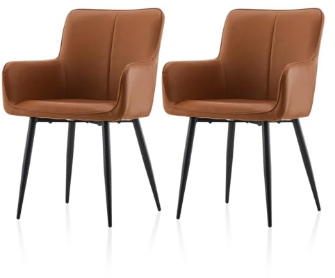 TUKAILAI Esszimmerstühle 2er-Set Kunstleder, Gepolsterter Küchenstuhl, Ergonomischer Polsterstuhl mit Armlehnen Rückenlehne Metallbeine, Sessel für Esszimmer Wohnzimmer Küche Schlafzimmer, Braun