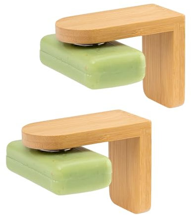 bremermann Set di 2 portasapone magnetico in bambù, ideale per saponi solidi e shampoo, da appendere liberamente grazie al magnete, montaggio tramite incollaggio, in bambù e acciaio inox