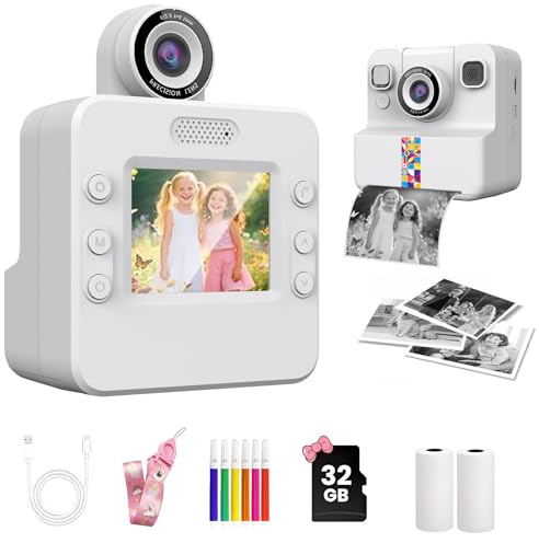 Sofortbildkamera Kinder,Kinderkamera Kompaktkameras 1080P HD Sofortdruck von Fotos,mit 2 Rollen Druckpapier & 32GB Karte,Geburtstagsgeschenk Weihnachten,Geschenke für Jungen Mädchen 3-12 Jahre,Weiß