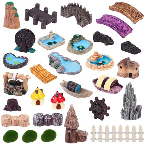 Pack of 30 Miniature Garden Accessories Ornaments Bridge House Landscape Water Fountain Fence Figures Pond Mushroom Lawn Garden Ornament Fairy Garden Decoration for DIY Crafts Succulent Decor