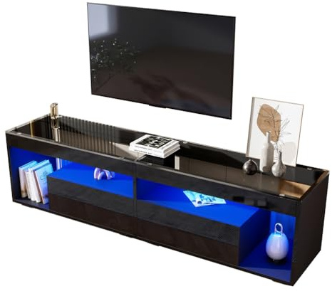 BLOCKTOY Meuble TV en Bois laqué LED, adapté pour des téléviseurs jusqu'à 70 Pouces, Meuble TV Noir avec 2 tiroirs pour Le Salon.