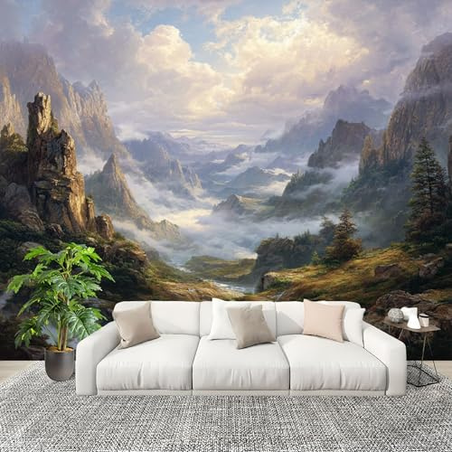 Fotográfico 3D HD No Tejido Paisaje De MontañA Y Arroyo ExtraíBle Papel Pintado Fotomural 200×148 cm Verde Resistente al agua y a las manchas Fácil Instalación Murales Panorámicos