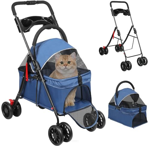 OHMG Poussette Chien 3-en-1, Poussette pour Chat Pliable, Panier de Rangement, Fenêtre en Filet, pour Petits Chiens et Chats, Jusqu'à 25 kg, 4 PCS Roues Résistant à l'Usure à 360°