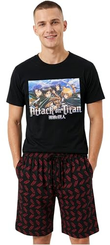 Get Trend Attack on Titan Pijama Hombre Verano Algodon, XS-XL, Camiseta Manga Cortas & Pantalones Cortos, Ropa de Dormir Cómodo, Regalo Hombre (XS, Negro Attack on Titan)