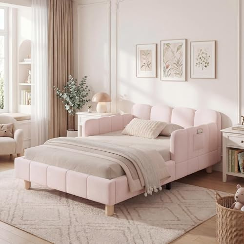 3ft Single Day Bed with Safety Guardrail and Slatted Frame, Upholstered Platform Bed Frame Guest Beds Sofa Beds for Adults Teenagers Children, Velvet Fabric, Pink, No Mattress, No Box Spring Needed