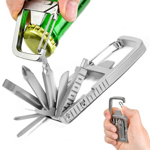 FTISSLY Multiherramienta Llavero Acero Inoxidable Macizo 12 en 1 Herramienta de Bolsillo para Coche y Bricolaje Mosquetón EDC con Puntas Destornillador Cortador de Cajas Abrebotellas Clip Antipérdida