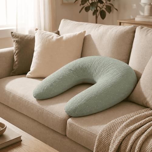 Babysom - Coussin de Maternité 3 en 1 : Grossesse, Allaitement & Repos Bébé - Housse en Double Gaze de Coton Premium - Déhoussable et Lavable - Microfibres Silencieuses - Design Élégant Vert - XXL