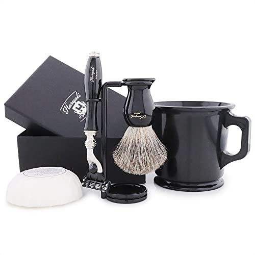 Haryali London Kit da barba da uomo con rasoio a 3 bordi, spazzola per capelli in tasso nero, ciotola, sapone e supporto, set perfetto per gli uomini