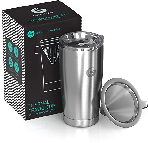 Coffee Gator Insulated Coffee Cup with Paperless Filter, All-in-One Hand Drip Coffee Maker with Filter, Thermal Stainless Steel Travel Cup for Hot Drinks - 585ml / 20oz (Sliver)
