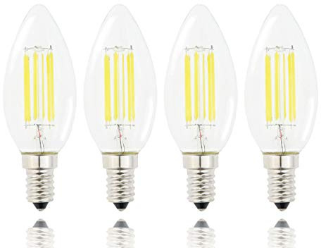 Lamsky E14 LED Filament Candle Shape Light Bulb,E14 European Base Bulb,Daylight 6000K 600LM 60W Equivalent,C35 Clear Glass Torpedo Shape Bullet Top,No-Dimmable (4-Pack)