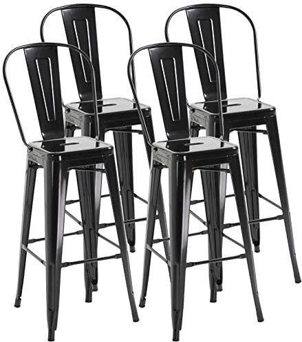 HOMCOM Set 4 Sgabelli Ergonomici con Schienale Rimovibile e Poggiapiedi, Sgabelli da Cucina in Metallo, 44x46x116 cm, Nero