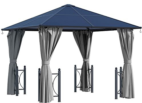 Outsunny 3 x 3(m) Hardtop Gazebo Canopy with Polycarbonate Roof, Steel & Aluminium Frame, Garden Pavilion with Mosquito Netting and Curtains, Black