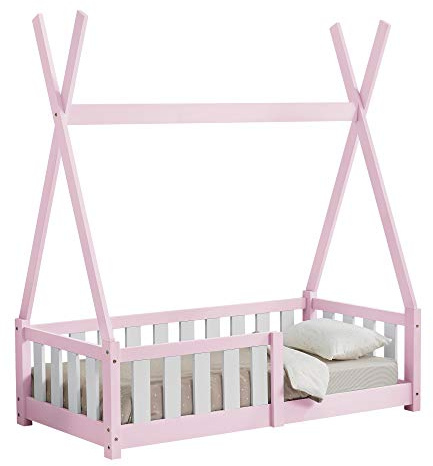 [en.casa] Kinderbett Helsingborg 70 x 140 cm mit Rausfallschutz Lattenrost Tipi Zelt Jugendbett Bettgestell Kiefernholz Holzbett für Kinder Rosa