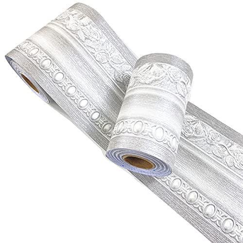 Mesoar 3D Grey Floral Wallpaper Border Wall Peel Stick Molding Border Home Ceiling Sticker for Bathroom Living Room Kitchen Wall 10cm by 16.4ft